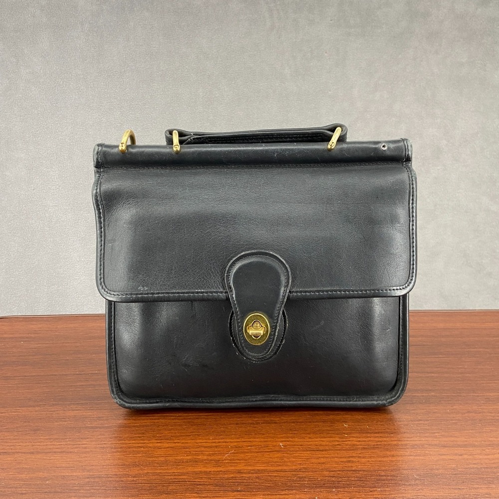 Vtg‎ Coach Willis Handbag Unisex Black Leather Turn Lock Top Handle Satchel Bag